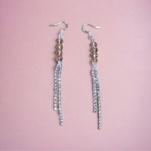 925 STERLING SILVER CHAMPAGNE CRYSTAL RHINESTONE TASSEL EARRINGS